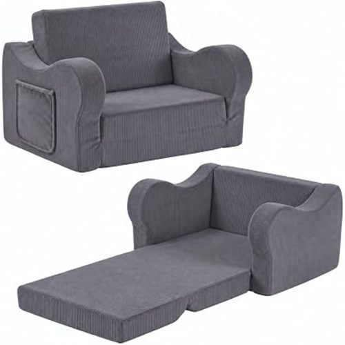 MOMCAYWEX Kids Sofa Chair, 2-in-1 Foldable Couch, Corduroy, Dark Grey