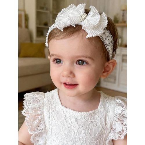 Baby Girls Headband White Bow Lace Headbands Soft Elastic Bowknot Hairbands Cute Hair Accessory for Newborn Kids Infant Toddler Baptism Birthday Party (Lace Flowers)