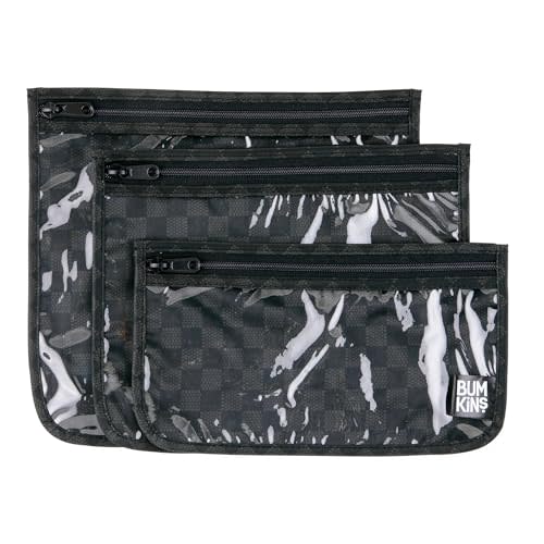 Bumkins Travel Bag, Toiletry, TSA Approved Pouch, Zip Bag, Quart Size Airline Compliant, Clear-Sided, Baby, Diaper Bag Organization, Makeup, Accessories, Carry On Packing, Set of 3 Sizes, Black Check