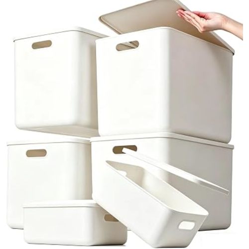 Ytteve 6 Pack Plastic Storage Bins with Lids and Handles - 4 Large & 2 Medium Stackable White Organizer Containers for Closet Pantry Kitchen Bathroom Cabinet Organization