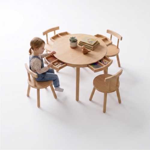 Round Montessori Kids Table with Drawers & Chairs | Birch Plywood Activity Play Table, Custom Color T D-60