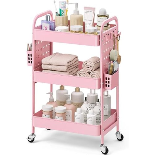 KINGRACK 3 Tier Rolling Cart with DIY Pegboard, Metal Utility Cart with Wheels, Hooks & Baskets, Sturdy Storage Organizer for Craft, Bathroom, Kitchen, Office, Nursery, Classroom(Pink)