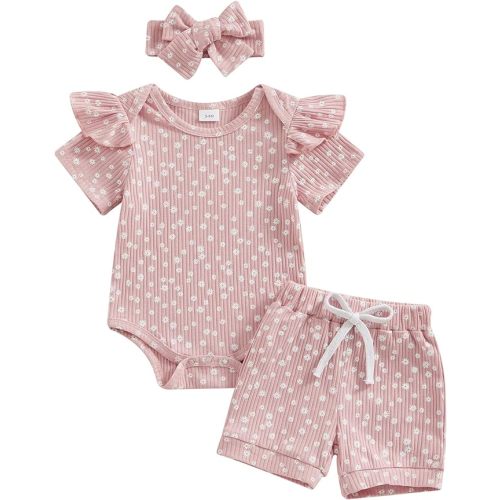 Newborn Baby Girl Clothes Summer Knit Ribbed Floral Print Short Sleeve Romper Shorts Headband Outfit Set