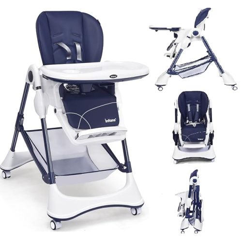 INFANS High Chair with One-Hand Removable Tray, 4 Lockable Wheels & Large Storage Basket - Multi-Adjustable Height, Recline & Footrest, Removable Cushion, Foldable for Baby, Infant& Toddler, Grey