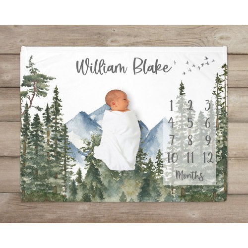 Woodland Milestone Blanket, Mountains, Personalized Baby Blanket, Monthly Growth Tracker, Custom Baby Blanket, Baby Shower Gift, Baby Boy,