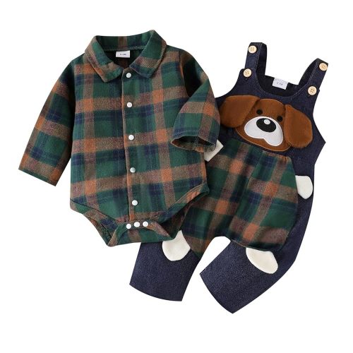 Baby Boy Clothes Infant Outfits Long Sleeve Plaid Bodysuit Romper + Jeans Overalls Jumpsuit Pants Sets