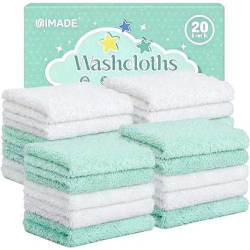 UNIMADE Baby Washcloths, 20 Pack Microfiber Coral Fleece Wash Cloths, Extra Absorbent Baby Towels for Newborns, Infants and Toddlers, Gentle on Sensitive Skin for Face and Body - 7" × 9", White&Green