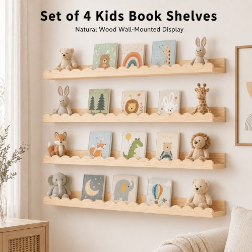 MORAVE 4 Pack 23 Inch Wood Scalloped Floating Nursery Shelves, Wall Mount Book Storage for Kids Bedroom and Baby Room