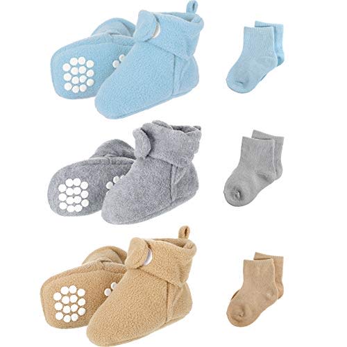 SATINIOR 3 Pairs Unisex Cozy Fleece Baby Booties with 3 Pairs Infant Cotton Socks