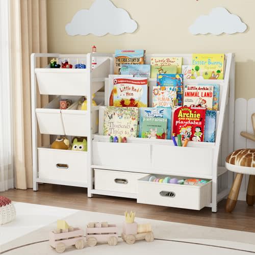 KIDINIX 3 Tier Kids Bookshelf and Toy Storage - Sling Book Shelf with Toy Organizer, Montessori Toddler Bookcase with 6 Toy Bins, for Playroom, Children Room, Nursery, Classroom, White