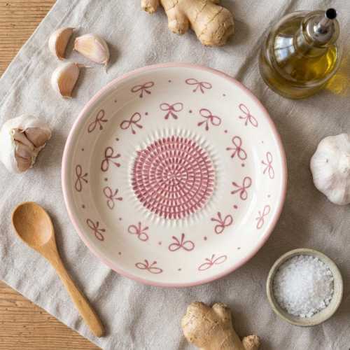 Ceramic Grater Bowl, 7" Ceramic Grater Plate, Pink Bow Grater Bowl, Handmade Ginger Grater for Cheese & Chocolate, Vegetable Rub Plate