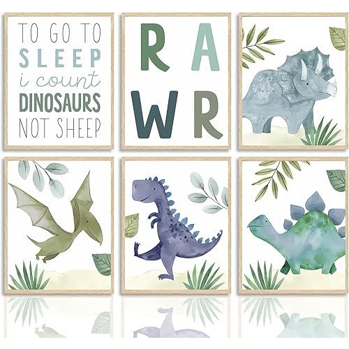 Dazzlewall Abstract Dinosaur Wall Decor Poster Cartoon Watercolor Wall Poster for Kids Boys Room Decor 8x10 in Unframed Set of 6