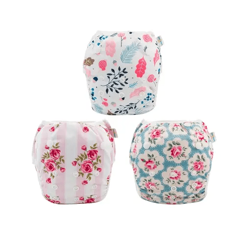 Babygoal Reusable Baby Girl Swim Diapers 3 Pack - Adjustable Washable for 0-8 Months Infants - Ideal for Swimming Lessons - Flower Design