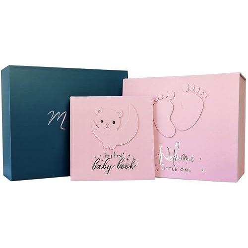 Handmade Baby Memory book, Scrapbook AND Photo Album with Keepsake Box, Hand & Footprint Inc Pad Kit included, Baby's First Year book, Journal, Milestone for Newborn (Teddy Bear Girl, Pink)