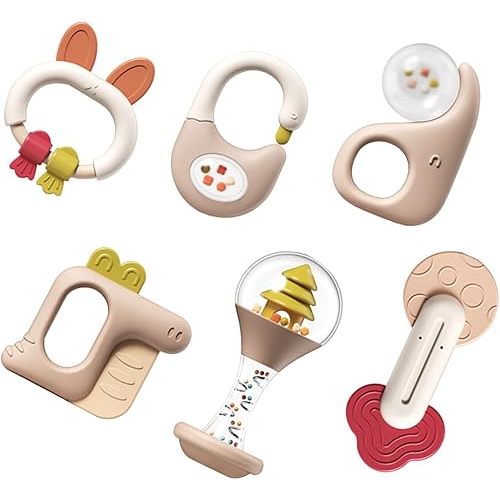 6 Pieces - Teething Toys for 0-6 Months, Rattle Newborn Toys With Bells, Grab Shaker, Teethers 0-3-6-12 Months, Baby Rattles 0-3 Months Gifts for Boys & Girls