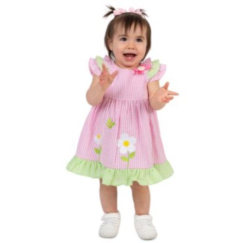 Baby Girls' Pink Seersucker Daisy Applique Round Neck Dress and Panty, 2-Piece Set