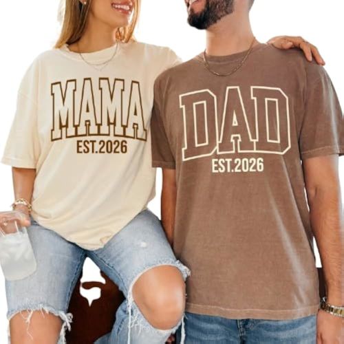 Mama and Dad Shirts, Retro Pregnancy Announcement T-Shirts, Comfort Colors®, Trendy Mom Est.2026 T-Shirts, Gift for New Mom and Daddy, Pregnancy Reveal Black