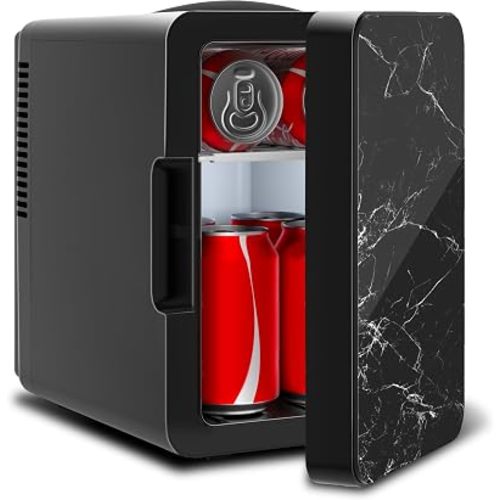 OTIC Mini Fridge, 4 Liter/6 Can Small Refrigerator for Bedroom, Car, Office & Dorm Room, 120V AC/ 12V DC Portable Thermoelectric Cooler & Warmer for Food, Drinks, Skincare Medicine- Marble Black
