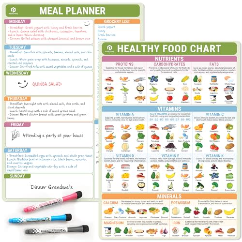 Set of 2 Healthy Food Chart Magnet (10"x14") Magnetic Dry Erase Fridge Chart, Vitamin Chart for Healthy Eating, Nutrition Posters, Kitchen Conversion Chart, Meal Planner Diet, 3 Markers + Eraser