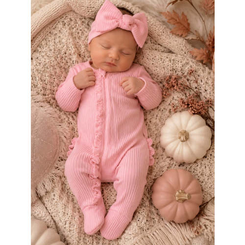Pink / Ribbed Frill 2-Way Zip Footie