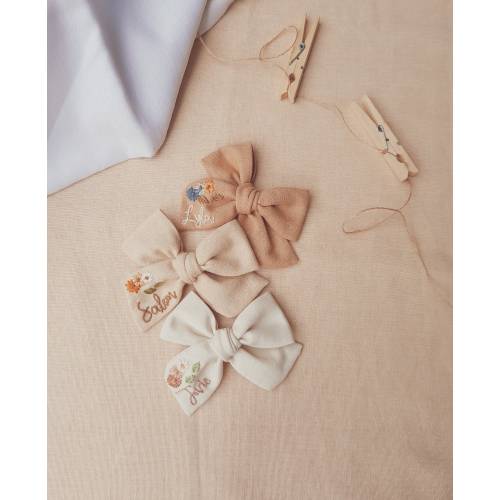 Custom Name Embroidered Baby Bow: Linen Floral Hair Clip