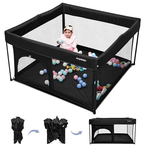ANGELBLISS 50x50 Foldable Baby Playpen with Carrying Bag & Safety Lock - ASTM F406 Certified Baby Fence for Indoor/Outdoor, Lightweight Portable Play Yard with Breathable Mesh (Black)