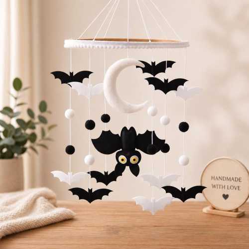 Handmade Halloween Bat Moon Crib Mobile, Black White Nursery Decor, Gothic Baby Mobile, Spooky Nursery Hanging, Baby Shower Gift Idea