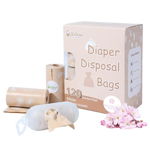 Diaper Bags Disposable for Baby, Biodegradeable Dirty Diaper Bags (8 Refill Rolls/120 Bags) with Dispenser, Leak Proof Diaper Trash Bags, Baby Poop Bags, Cherry Blossom Scent