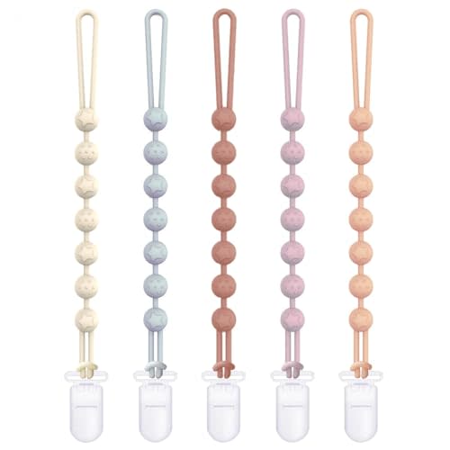 Cuddle Campus Silicone Pacifier Clip Holder with One Piece Design,Soft Flexible Binky Clips with Texture for Baby Boy and Girl Pack of 5 Plastic Clip (0-6m)