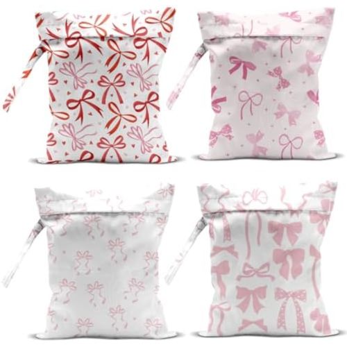 Wet Bag, 4Pcs Wet Dry Bag Set, Reusable Waterproof Bags with Bow Prints for Women, Versatile for Beach, Pool, Weekend Travel & Daily Essentials Keeping