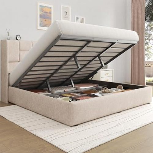 King Bed Frame with Hydraulic Gas Lift Up Storage, Linen Upholstered