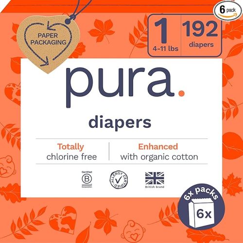 Pura Size 1 Eco-Friendly Diapers (4-11lbs) Hypoallergenic, Soft Organic Cotton Comfort, Sustainable, Wetness Indicator, Allergy UK, Newborn, Bulk Buy, 6 Packs of 32 (192 Baby Diapers)