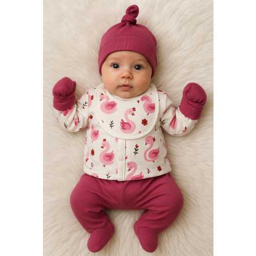 Coming Home From Hospital Outfit - Layette Set - Baby Gift - Hospital Outfit - Swan Patterned Ecru Newborn 5 Piece Baby Clothing Set