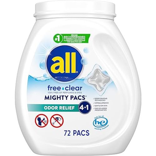 all Unit Dose Laundry Detergent, Mighty Pacs, Free Clear, Odor Relief, 72 Count