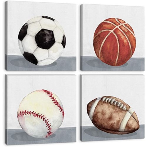 Sports Wall Art Boys Room Decor Retro Watercolor Soccer Posters Baseball Basketball Football Canvas Prints Pictures Baby Nursery Toddler Bedroom Decorations Street Art Painting Artwork 16x16" 4 Pcs