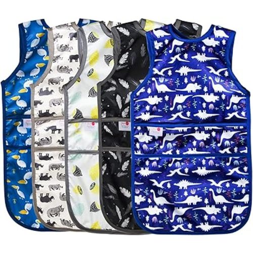 Joyo roy Mess Proof Baby Bibs for Eating Waterproof Toddler Bibs for Boys 2-4 Years Soft Machine Washable Sleeveless Baby Smock Bib Travel Reusable Led Weaning Apron for Feeding Bib with Food Catcher