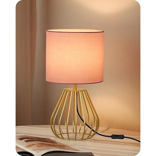 Pink and Gold Table Lamp, Small Bedside Lamp with Metal Base & Pink Linen Lampshade, Modern Nightstand Lamp, Little Cute Desk Lamp for Girl Kid's Room, 2700K LED Bulb Included, DP06TL05