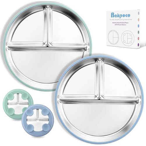 Stainless Steel Toddler Plate with Suction, 9” Divided Plates with Removable Silicone Sleeves for Kids, Non Toxic & BPA Free | Non Slip | Unbreakable Baby Snack Dishes Set of 2, Blue & Sage