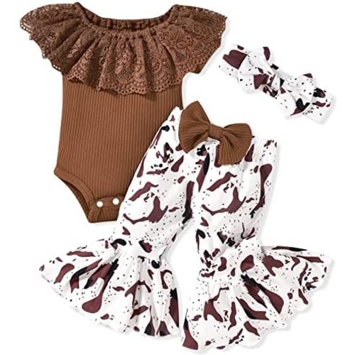 Newborn Baby Girl Short Sleeve Bodysuit Flared Pants Ribbed Outfits