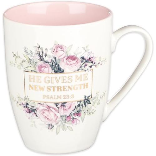 Christian Art Gifts Encouraging Golden Scripture Ceramic Coffee & Tea Mug for Women: He Gives Me New Strength Inspirational Psalm Bible Verse, Cadmium/Lead-free Novelty Cup, White/Pink Floral, 12 oz.