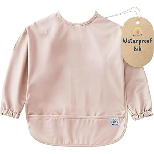 ARI MES Long Sleeves Waterproof Baby Bibs for Eating - Pink, Small - Wearable, Coverall for Toddler, Long Sleeve Bib, Smock Apron for Feeding - Applicable for 6-72 Months