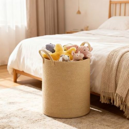 Cotton Rope Laundry Basket, 15.8 Gal Natural Fiber Hamper with Handles, for Kids' Toys Clothing Bedroom Living Room, Yellowish Brown