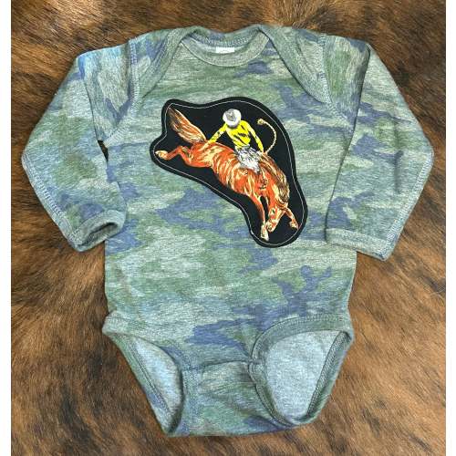 Bronc Rider on Camo Long Sleeved Onesie, Size 6 mons.