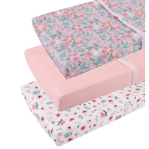 Changing Pad Cover Set 3 Pack Jersey Knit Ultra Soft for Baby Boys Girls Floral/Grey Rabbit/Pink