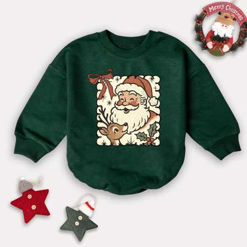 Retro Santa & Reindeer Baby Romper: Christmas Bow Bodysuit