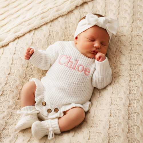 Personalized Knit Baby Romper Outfit, Embroidered Name, Coming Home Outfit