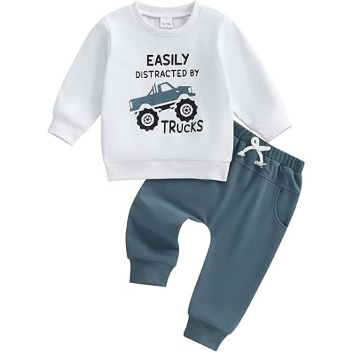 WZTYYDS Toddler Baby Boy Fall Clothes Letter Truck Long Sleeve Pullover Sweatshirt Tops Joggers Pants Set Winter Outfits