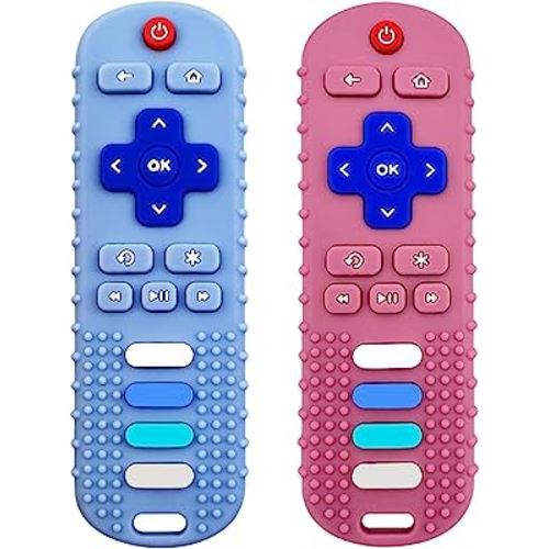 Baby Teething Toys, Food Grade Silicone Teether for Babies 3 6 12 18 Months, TV Remote Shape Toddlers Chew Toys, Freezer BPA Free (Pink+Blue)