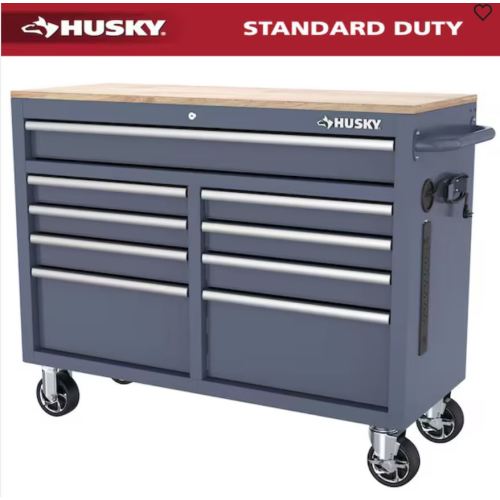 Husky Tool Storage 46 in. W x 18 in. D 9-Drawer Mobile Workbench Cabinet in Gloss Black