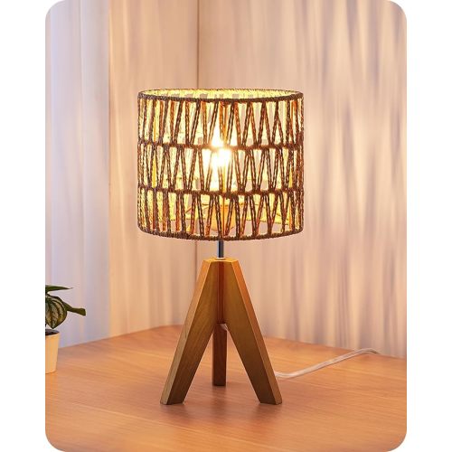 EDISHINE Small Table Lamp, Rattan Wood Tripod Bedside Lamp, Boho Nightstand Lamp for Living Room, End Table, Office, E26 Base, Natural Style
